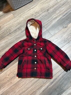 Sherpa-Lined Red Plaid Hooded Jacket for Kids